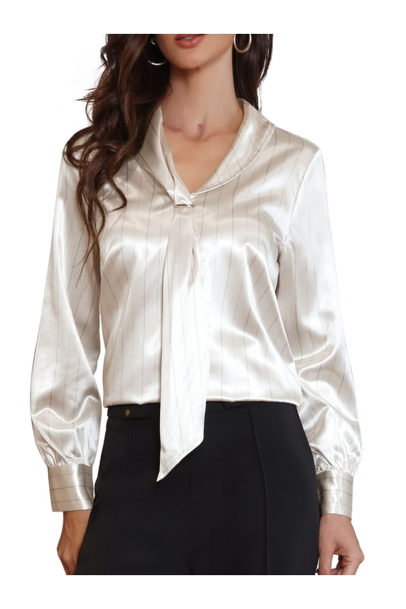 Women's Satin Blouses Striped Long Sleeve Tie Neck Business Tops M Apricot