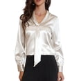thumbnail image 1 of DARING DIVA Women's Satin Blouses Striped Long Sleeve Tie Neck Business Tops XS Apricot, 1 of 6