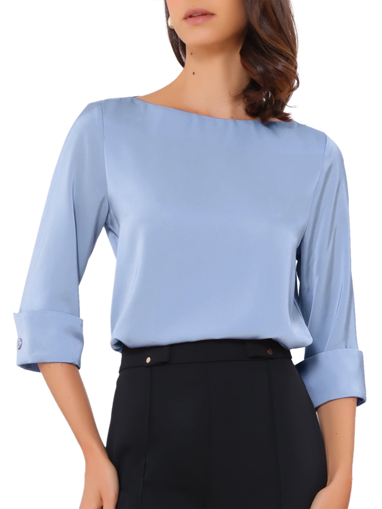 DARING DIVA Women's Satin Boat Neck 3/4 Sleeve Business Shirt M Blue