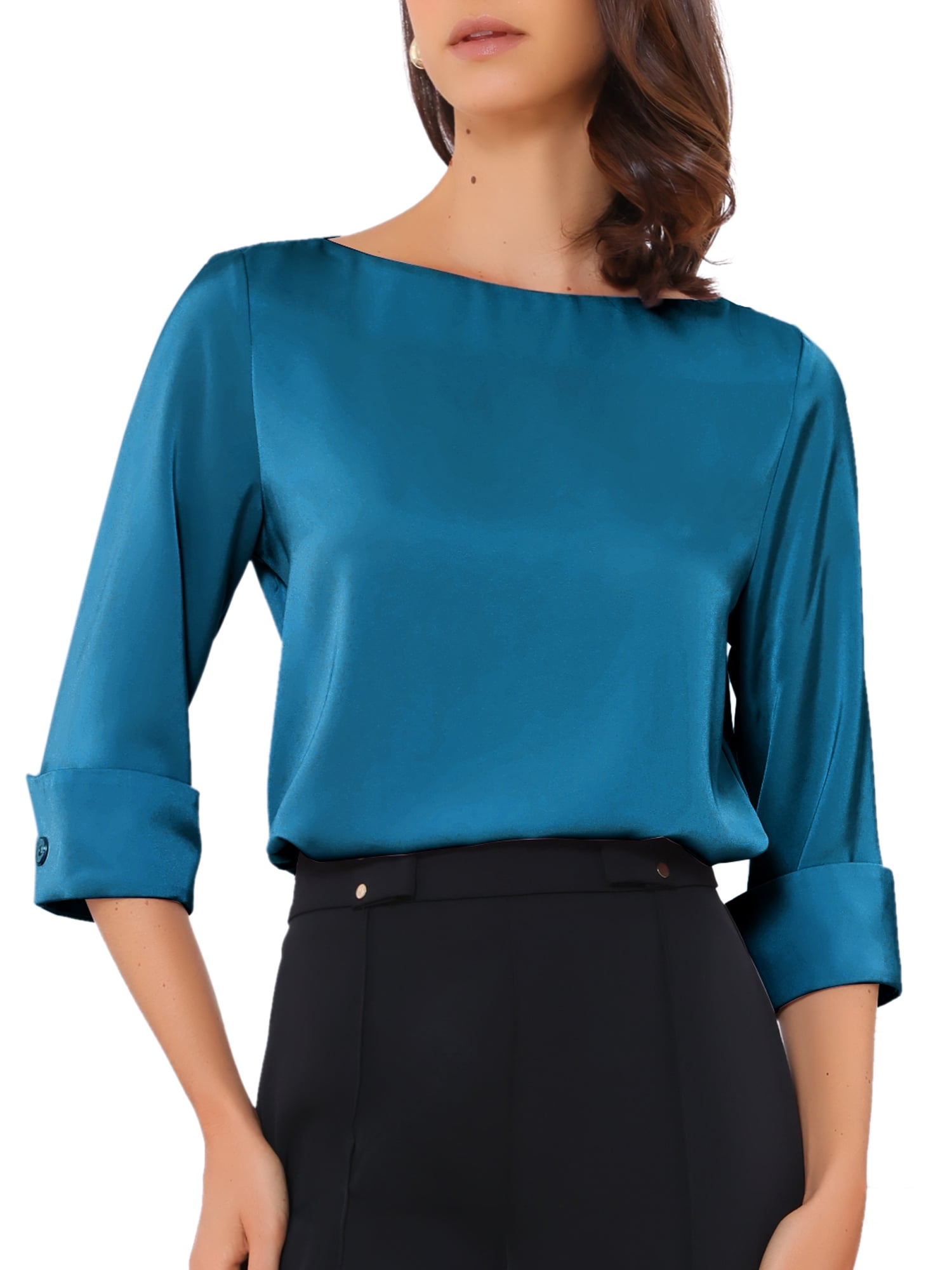 DARING DIVA Women's Satin Boat Neck 3/4 Sleeve Business Shirt M Peacock Blue