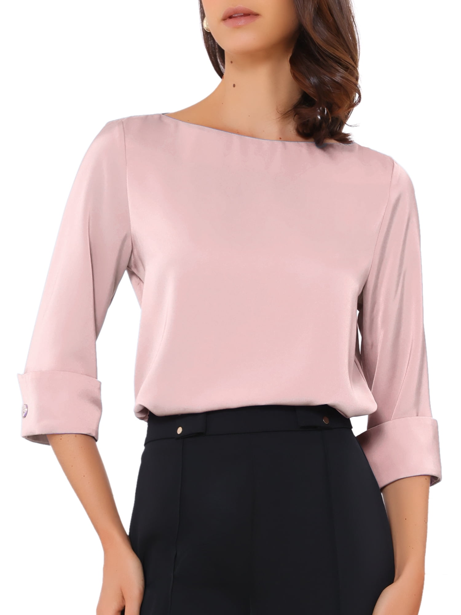 DARING DIVA Women's Satin Boat Neck 3/4 Sleeve Business Shirt XS Dusty Pink