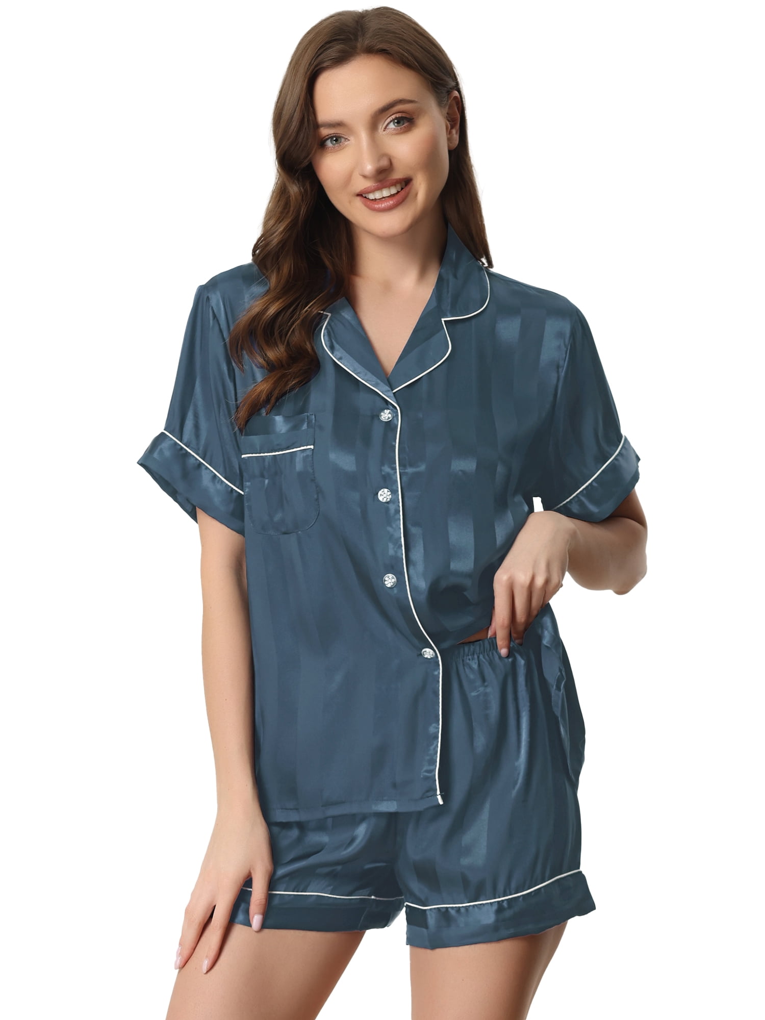 DARING DIVA Women's Satin Button Down Shirt and Shorts Pajama Set L Blue Green