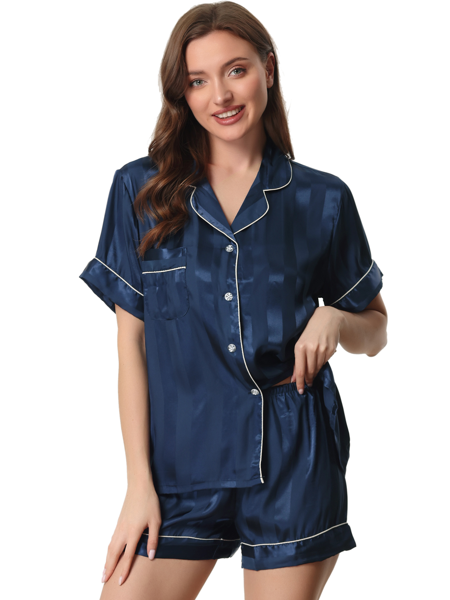 DARING DIVA Women's Satin Button Down Shirt and Shorts Pajama Set XL Blue