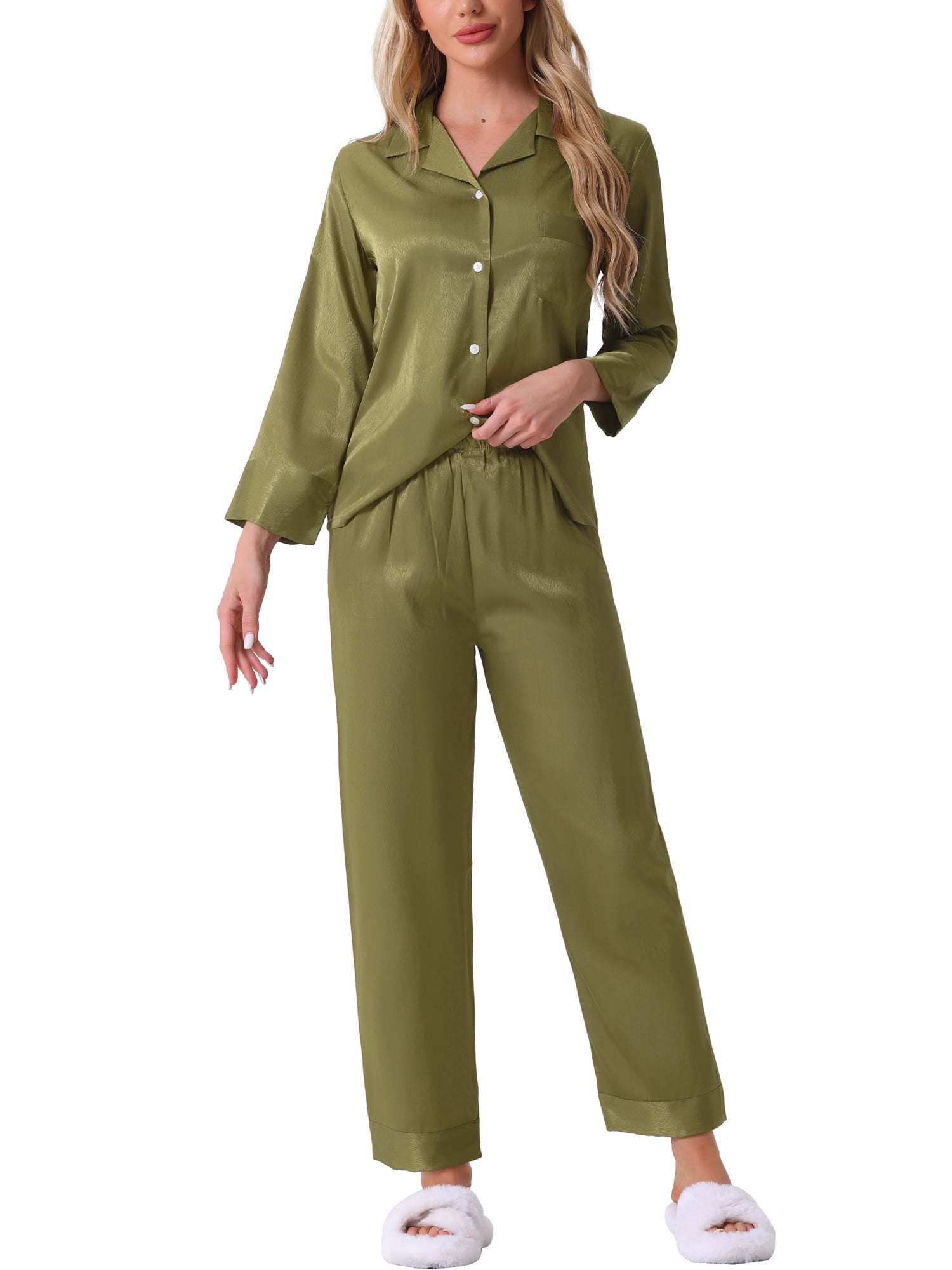 DARING DIVA Women's Satin Button Down Shirt with Pants Pajamas Sets XS Green