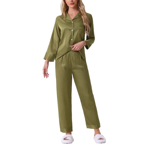 DARING DIVA Women's Satin Button Down Shirt with Pants Pajamas Sets XS Green