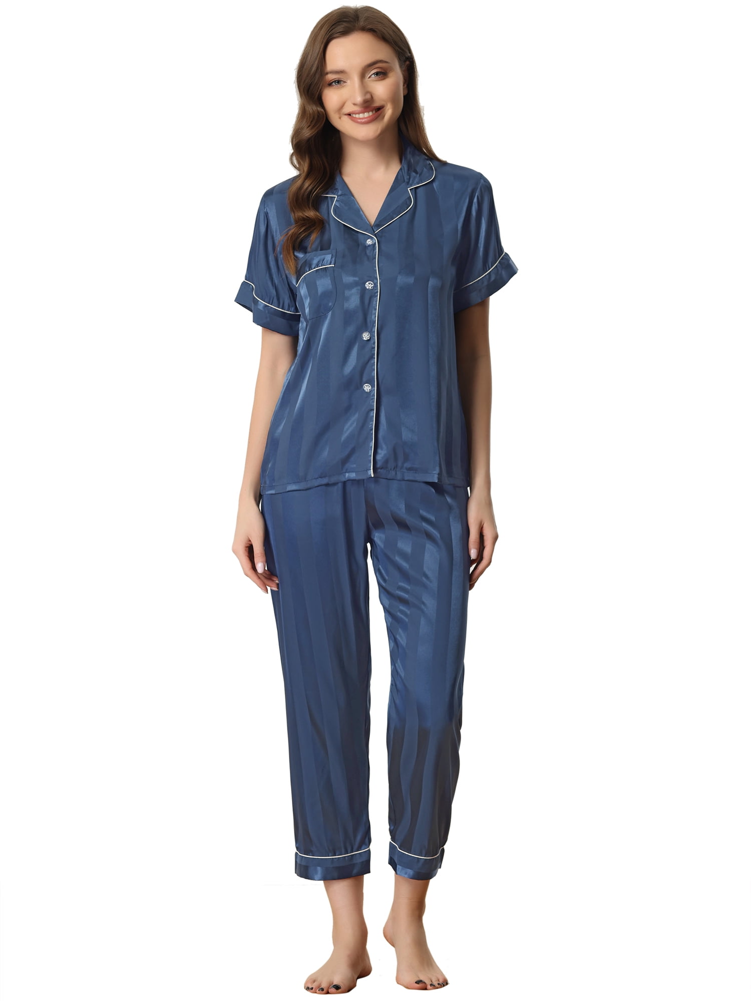 DARING DIVA Women's Satin Button Down Short Sleeve Long Pants Pajama Set L Navy Blue