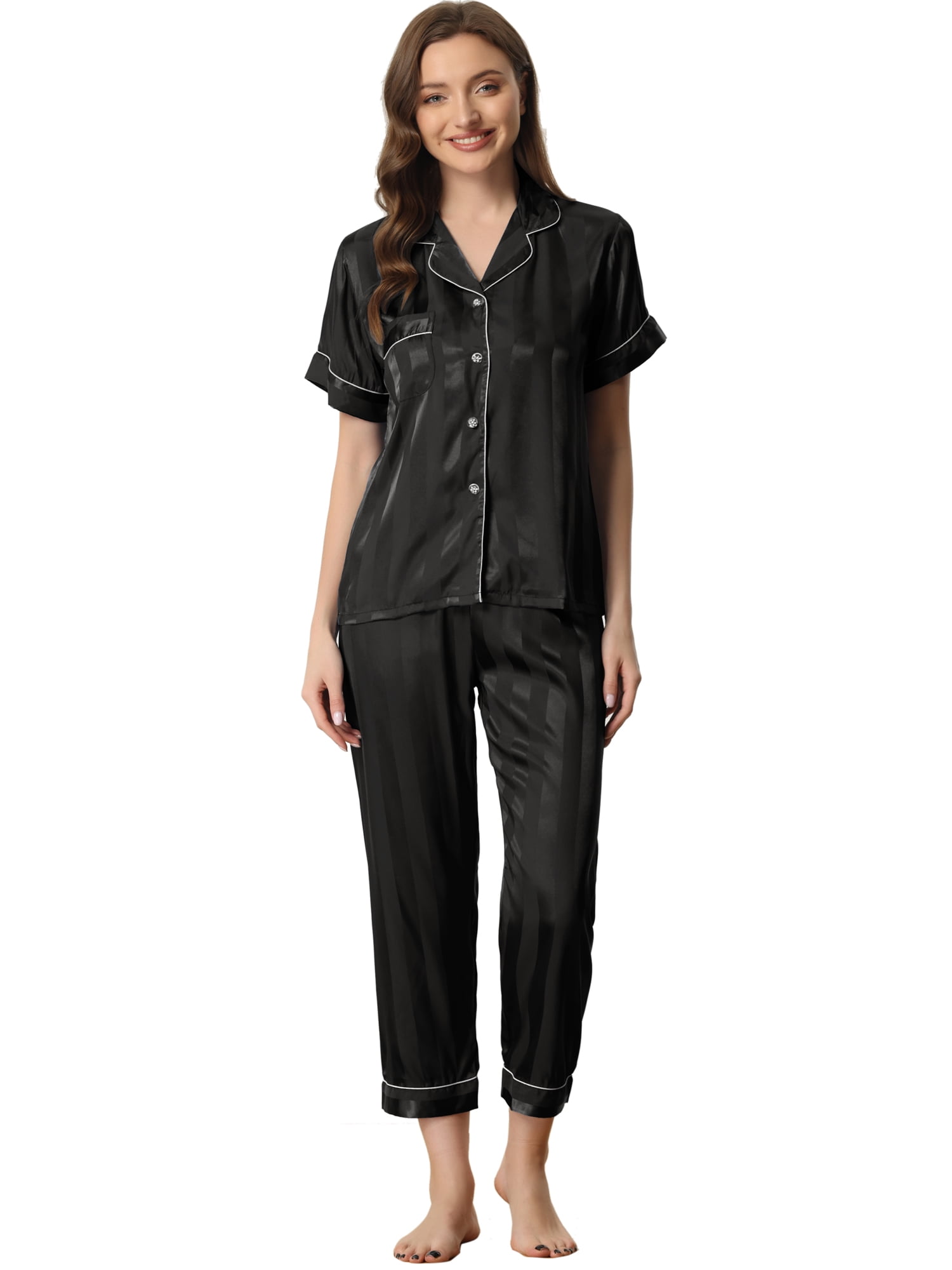 DARING DIVA Women's Satin Button Down Short Sleeve Long Pants Pajama Set XL Black