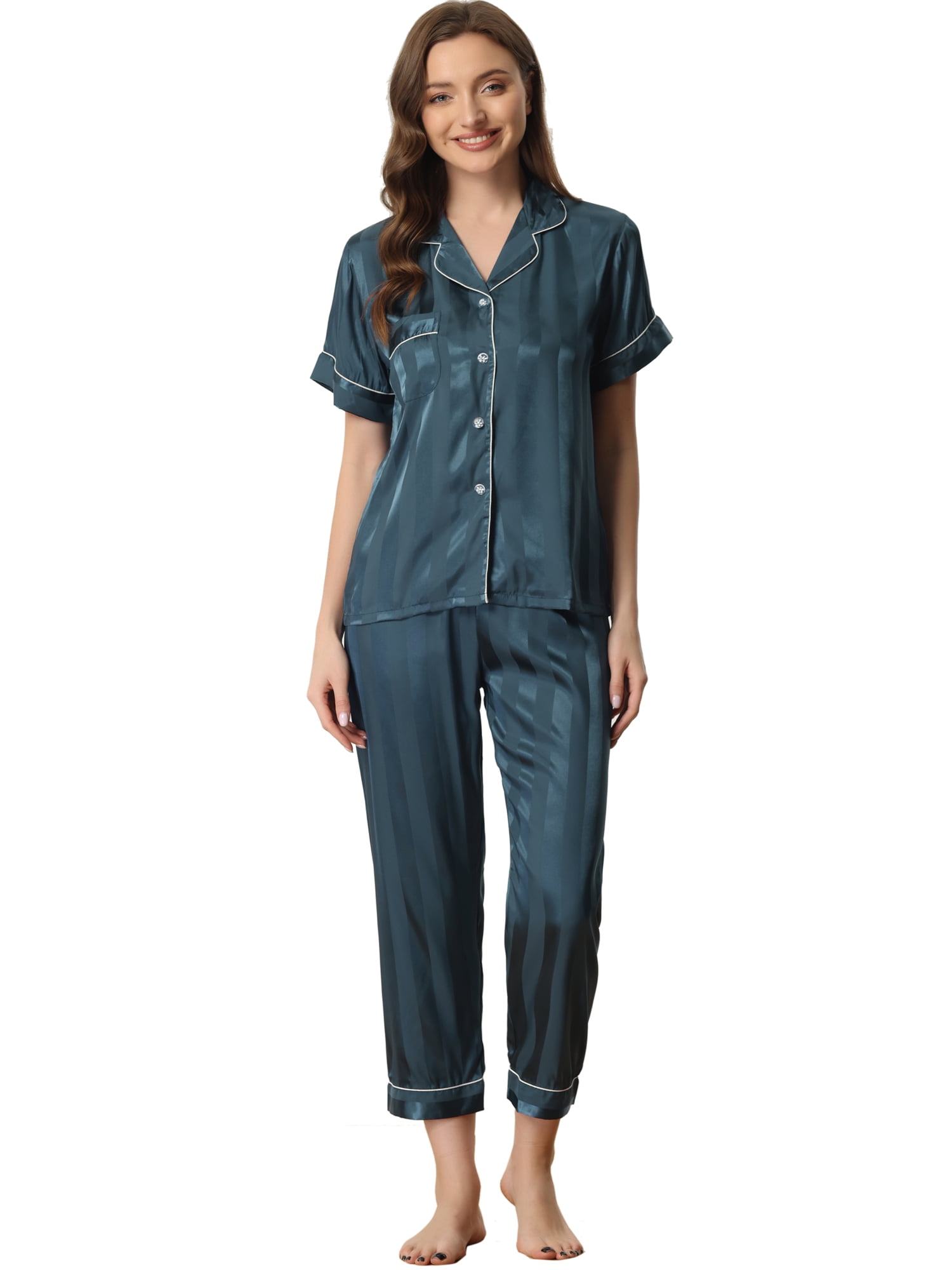 DARING DIVA Women's Satin Button Down Short Sleeve Long Pants Pajama Set XL Blue