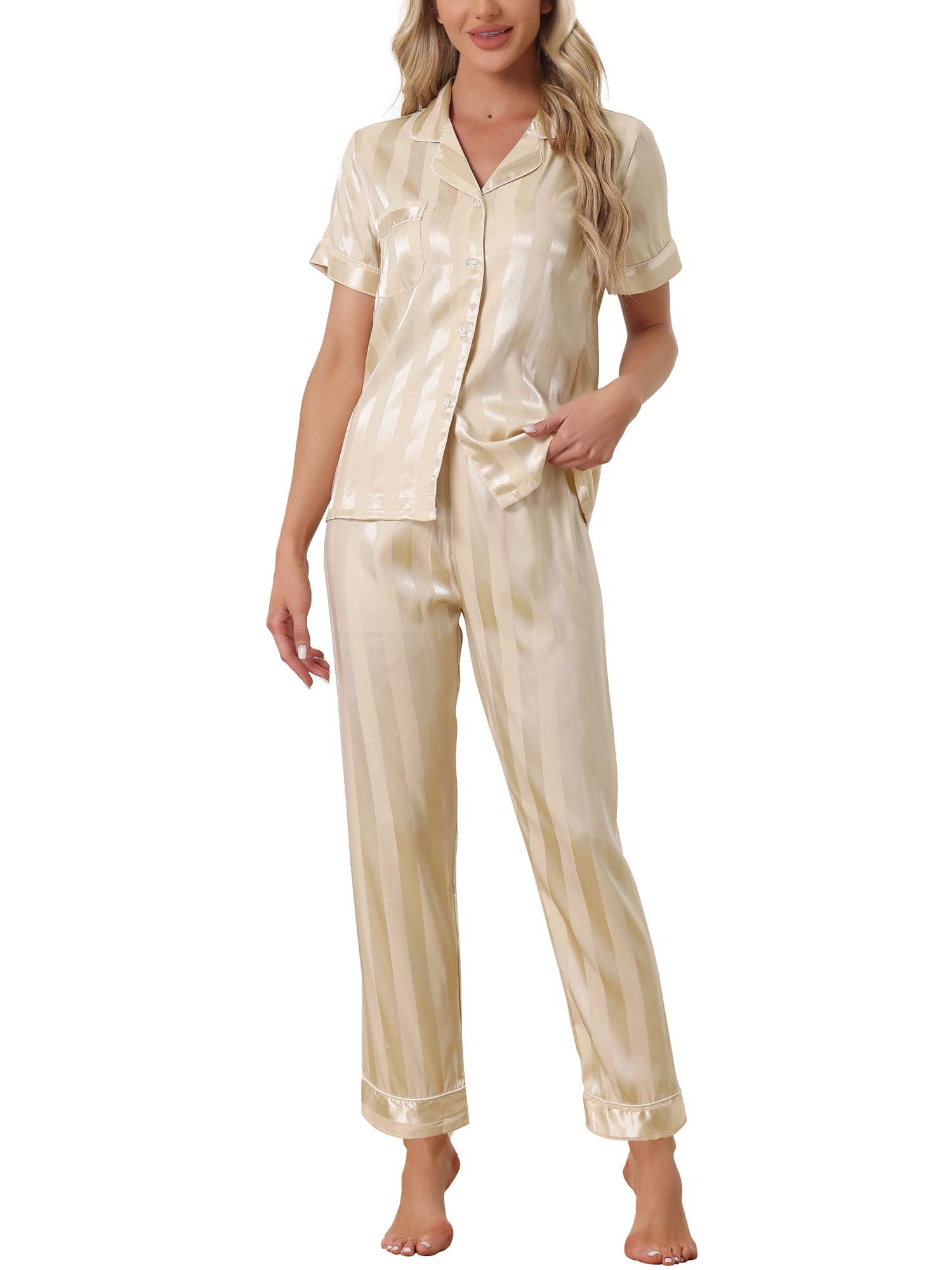 DARING DIVA Women's Satin Button Down Short Sleeve Long Pants Pajama Set XL Champagne