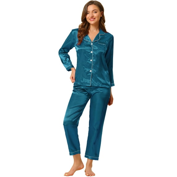 DARING DIVA Women's Satin Button Down Silky Pajama Sets M Peacock Blue