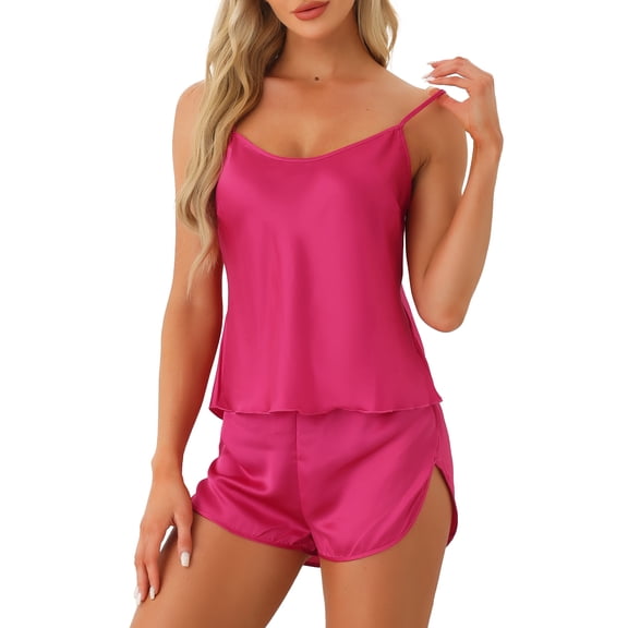 DARING DIVA Women's Satin Cami Short Sleepwear Silky Pajamas Sets Rose Red M