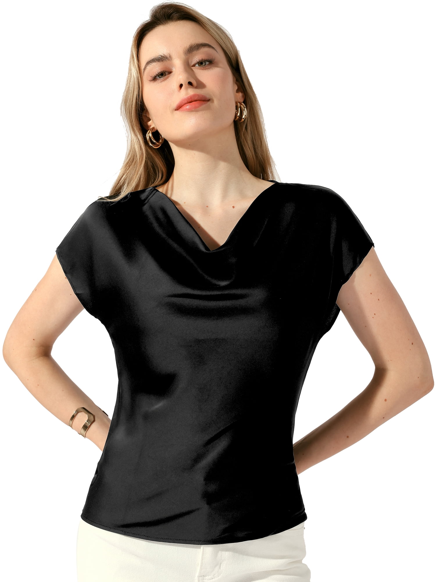 DARING DIVA Women's Satin Cowl Neck Short Sleeve Casual Blouses L Black