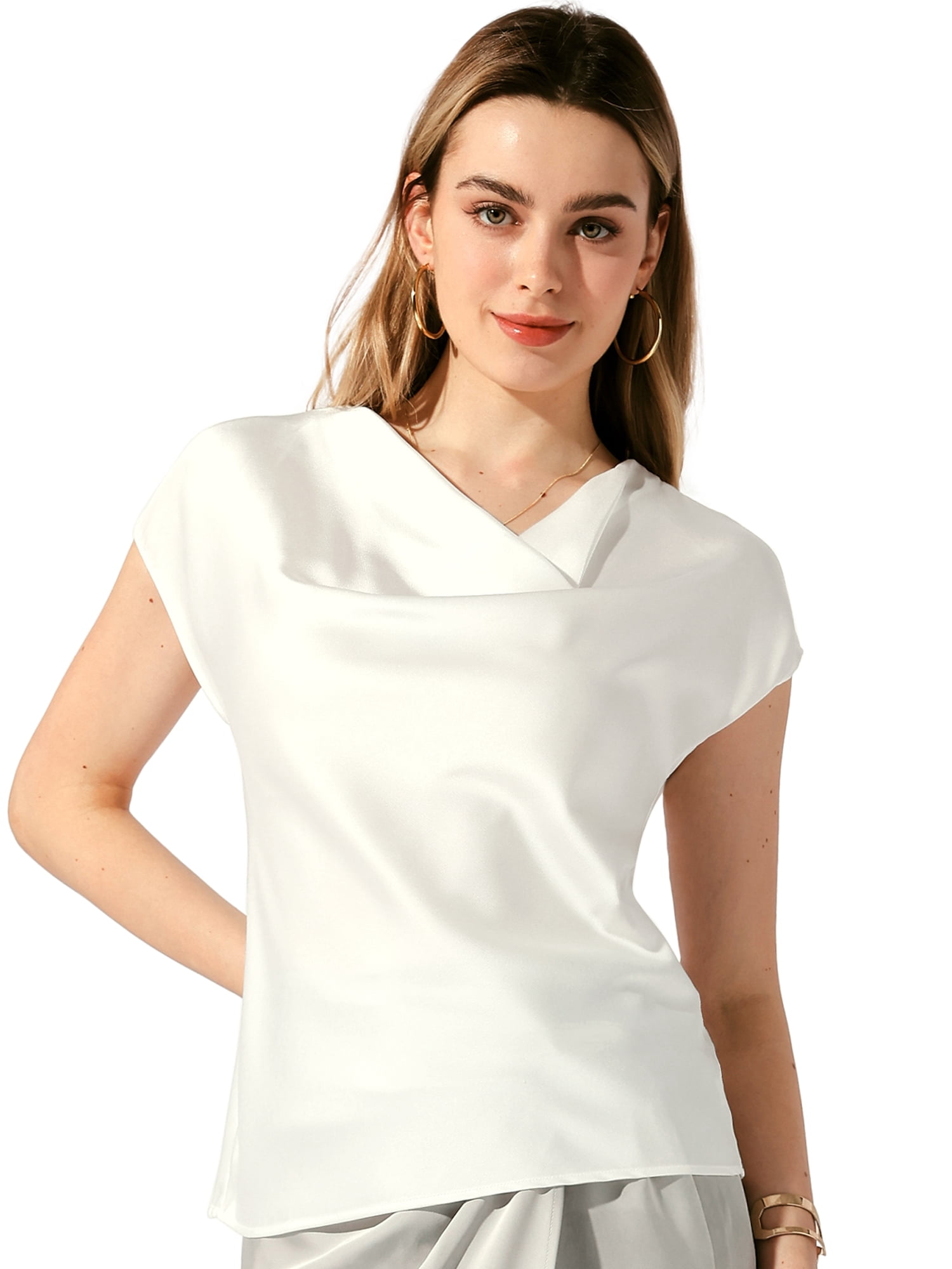 DARING DIVA Women's Satin Cowl Neck Short Sleeve Casual Blouses L White