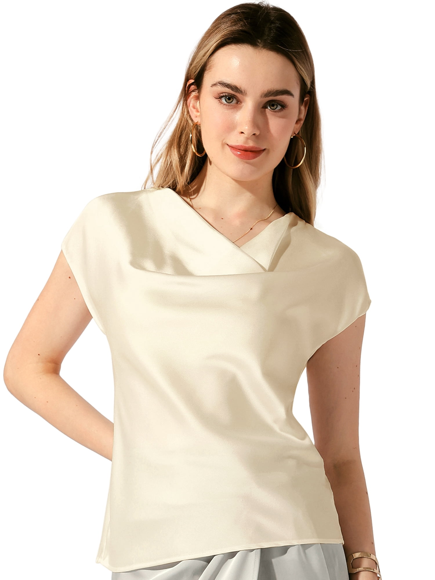 DARING DIVA Women's Satin Cowl Neck Short Sleeve Casual Blouses M Beige
