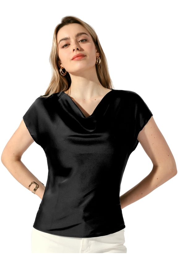 Women's Satin Cowl Neck Short Sleeve Casual Blouses S Black
