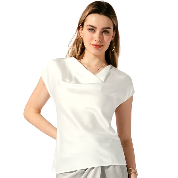 DARING DIVA Women's Satin Cowl Neck Short Sleeve Casual Blouses S White