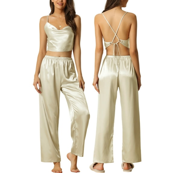 DARING DIVA Women's Satin Cowl Neck Sleeveless Crop Cami Pajama Set S Khaki