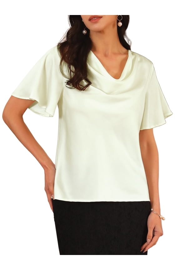 Women's Satin Draped Neck Short Sleeve Dressy Blouse S White
