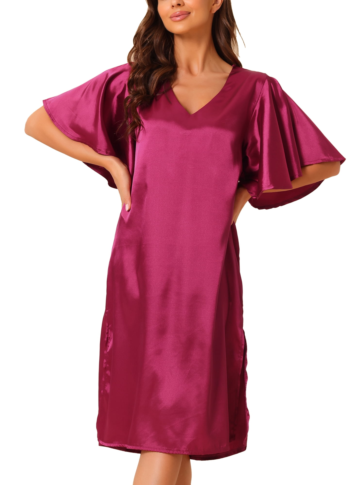 DARING DIVA Women's Satin Flare Bell Short Sleeve Nightgown S Deep Red