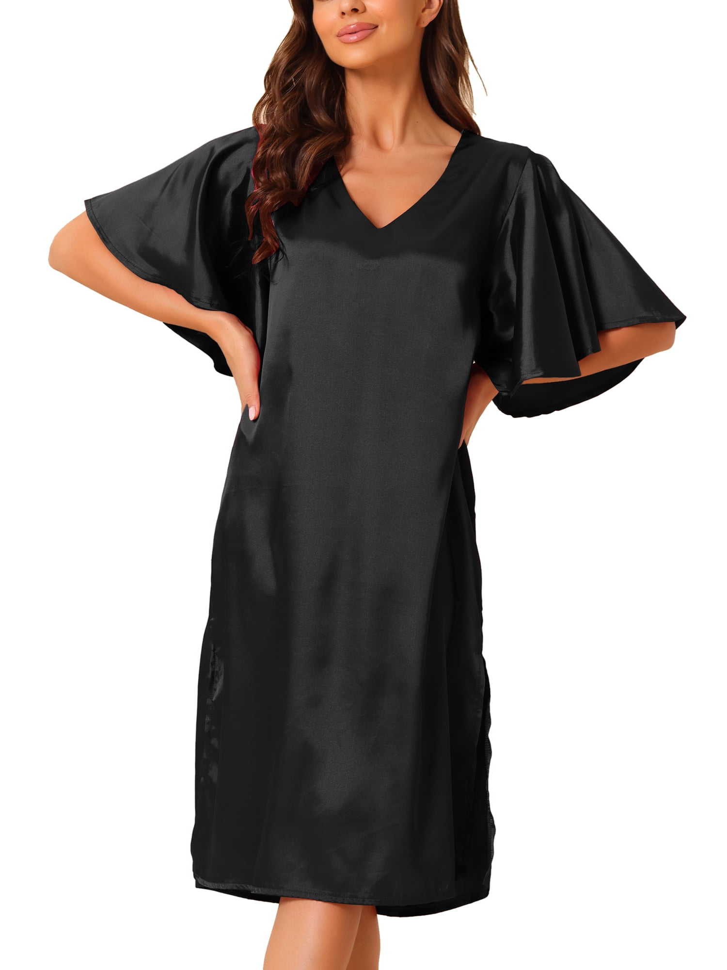 DARING DIVA Women's Satin Flare Bell Short Sleeve Nightgown XS Black