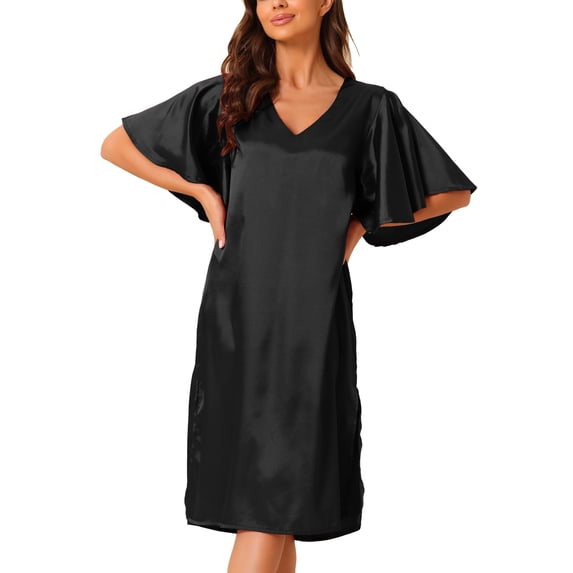 DARING DIVA Women's Satin Flare Bell Short Sleeve Nightgown XS Black