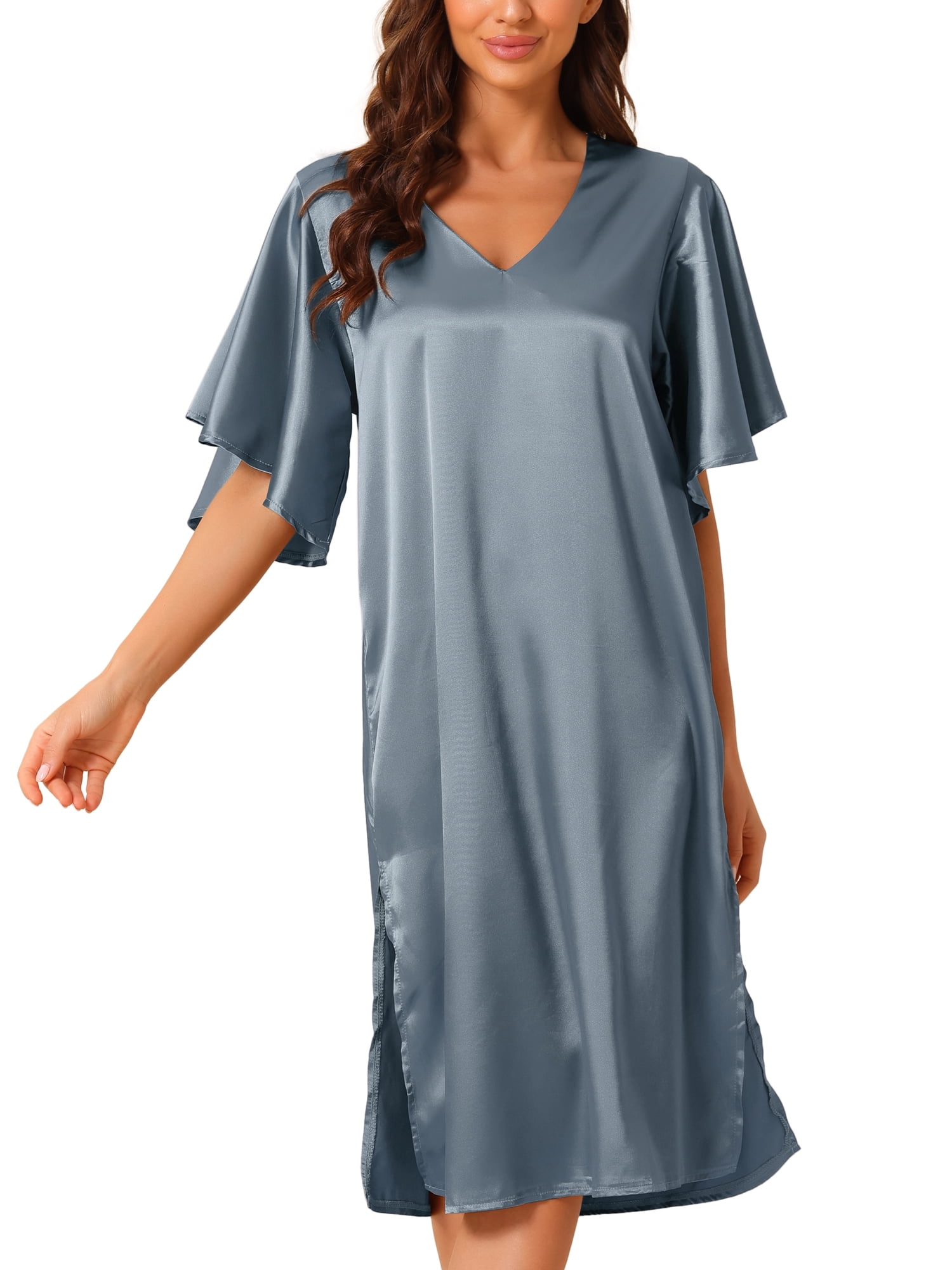 DARING DIVA Women's Satin Flare Bell Short Sleeve Nightgown XS Blue