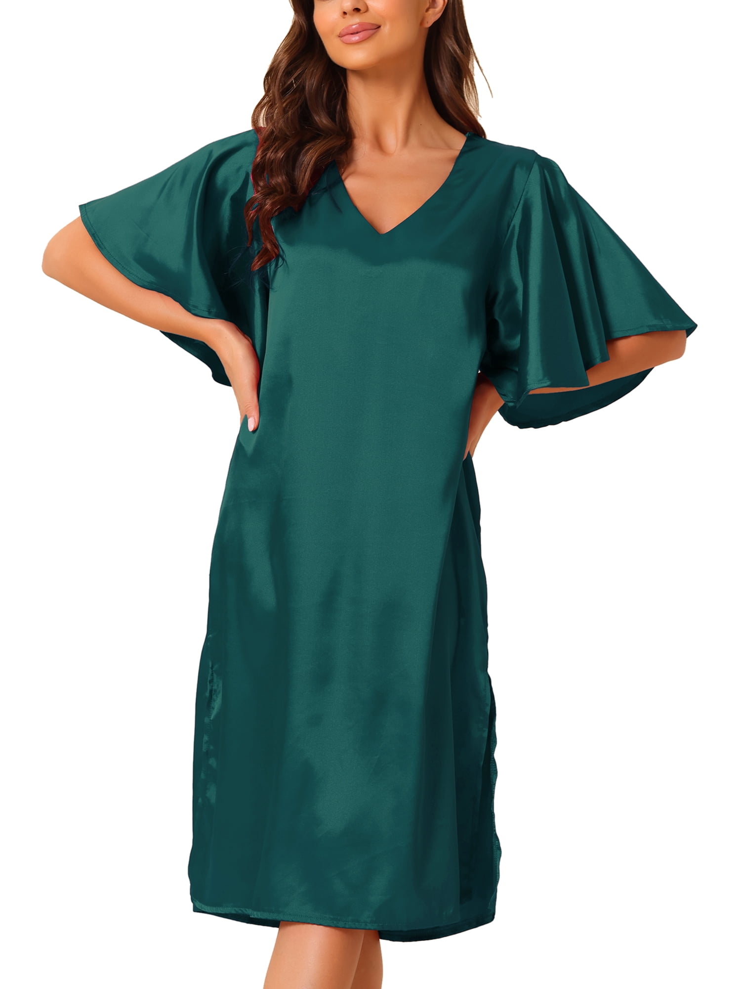 DARING DIVA Women's Satin Flare Bell Short Sleeve Nightgown XS Green