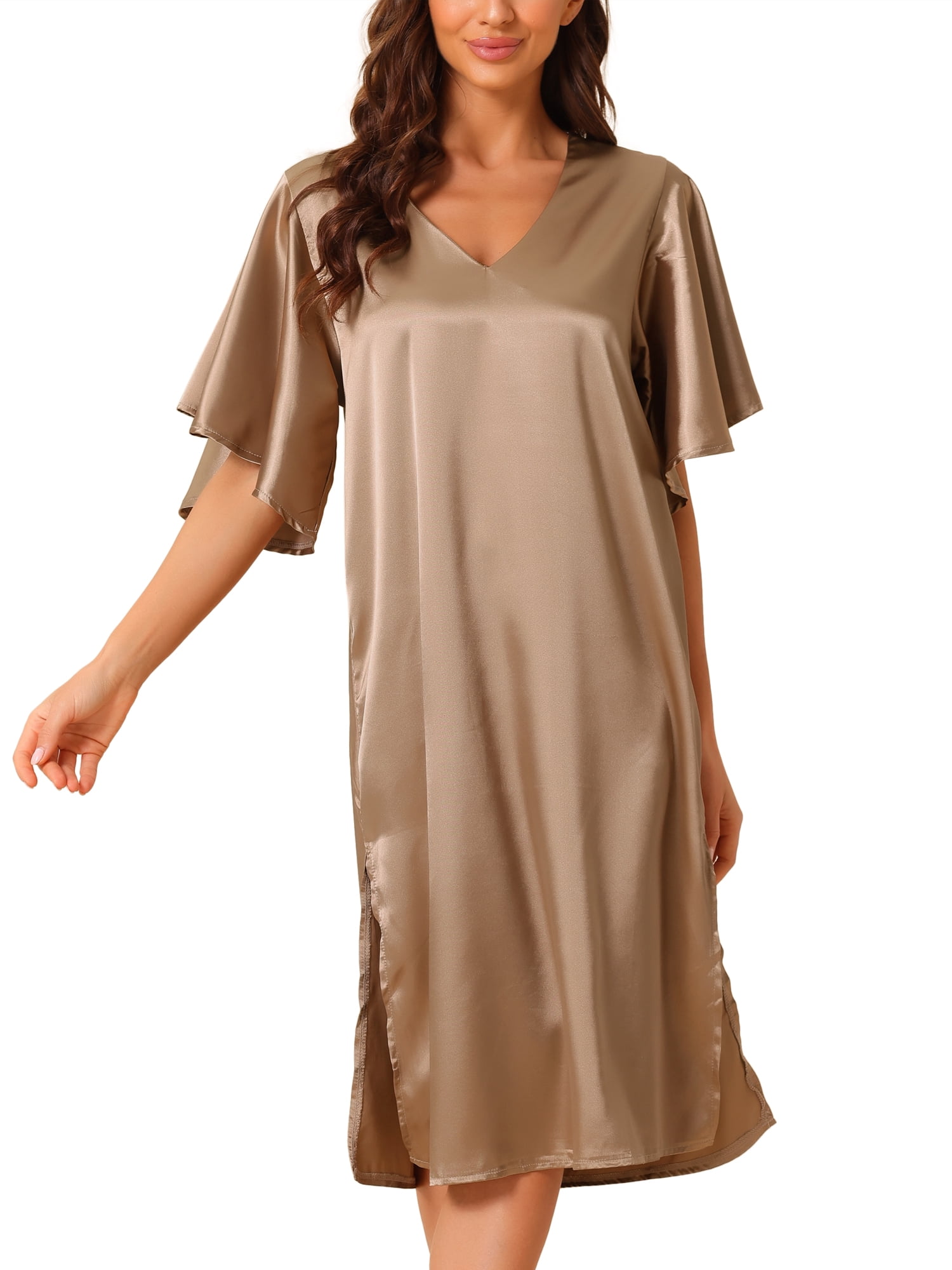 DARING DIVA Women's Satin Flare Bell Short Sleeve Nightgown XS Light Brown