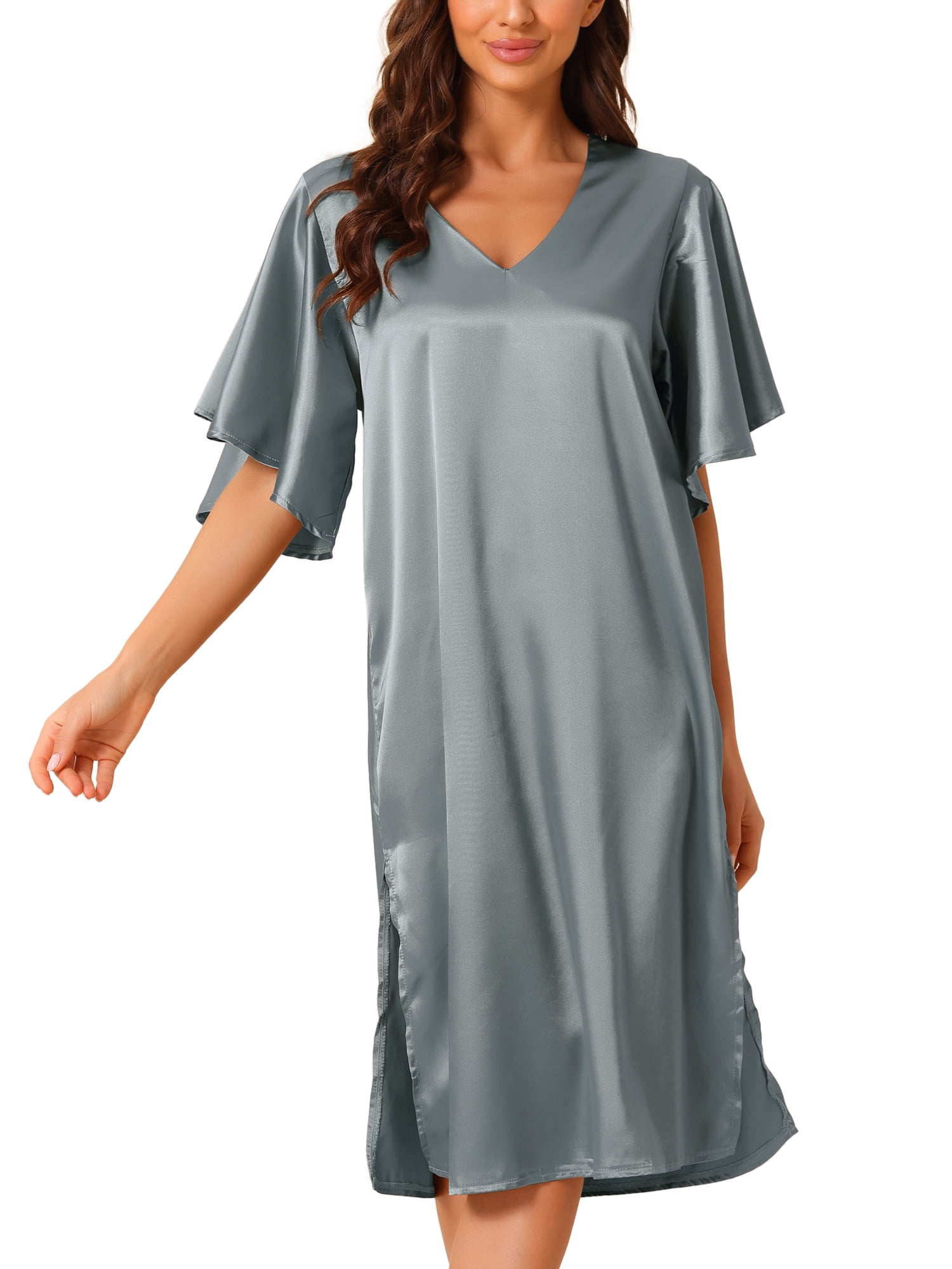 DARING DIVA Women's Satin Flare Bell Short Sleeve Nightgown XS Silver