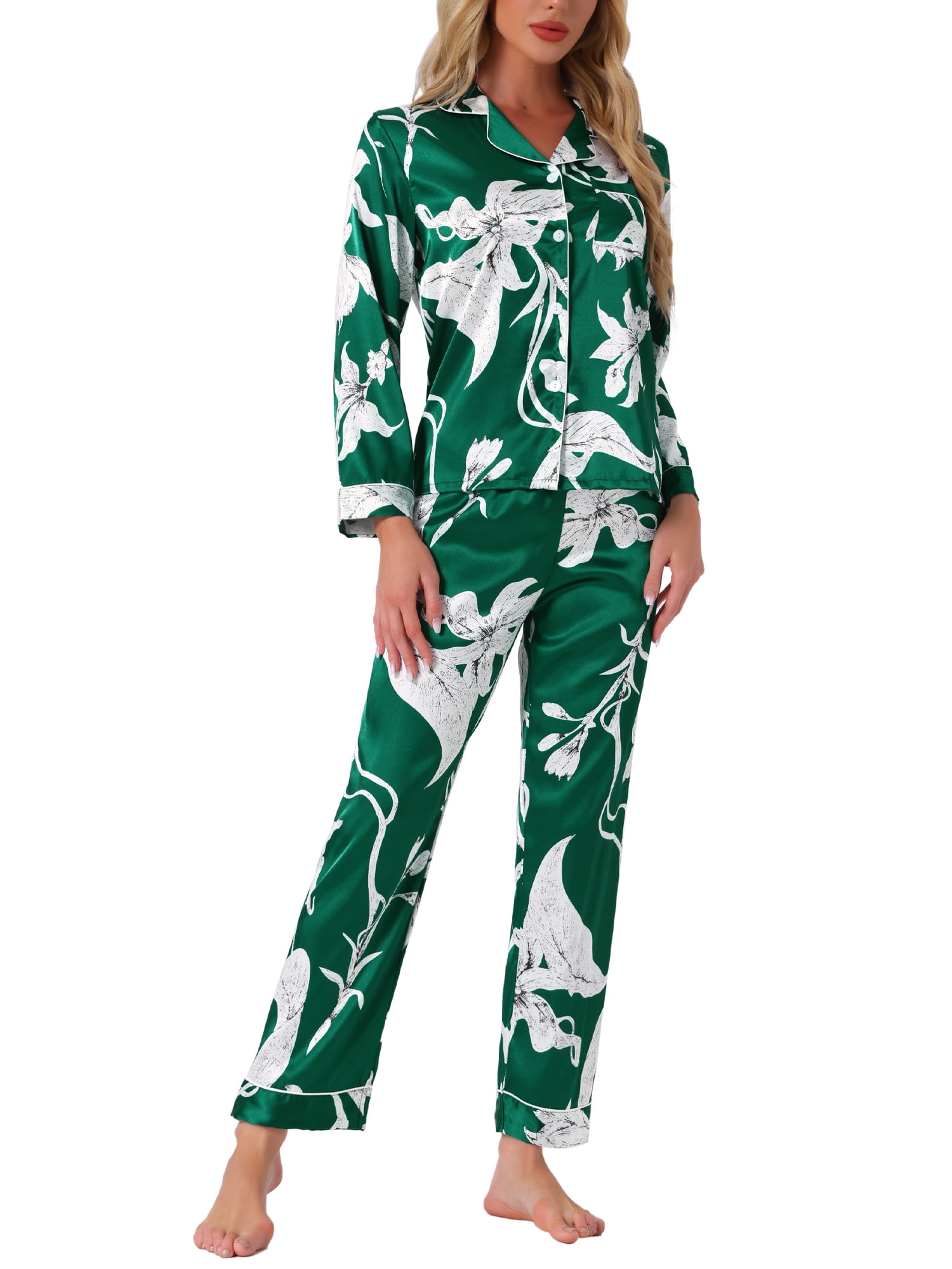 DARING DIVA Women's Satin Floral Button Down Pajama Sets L Green Floral