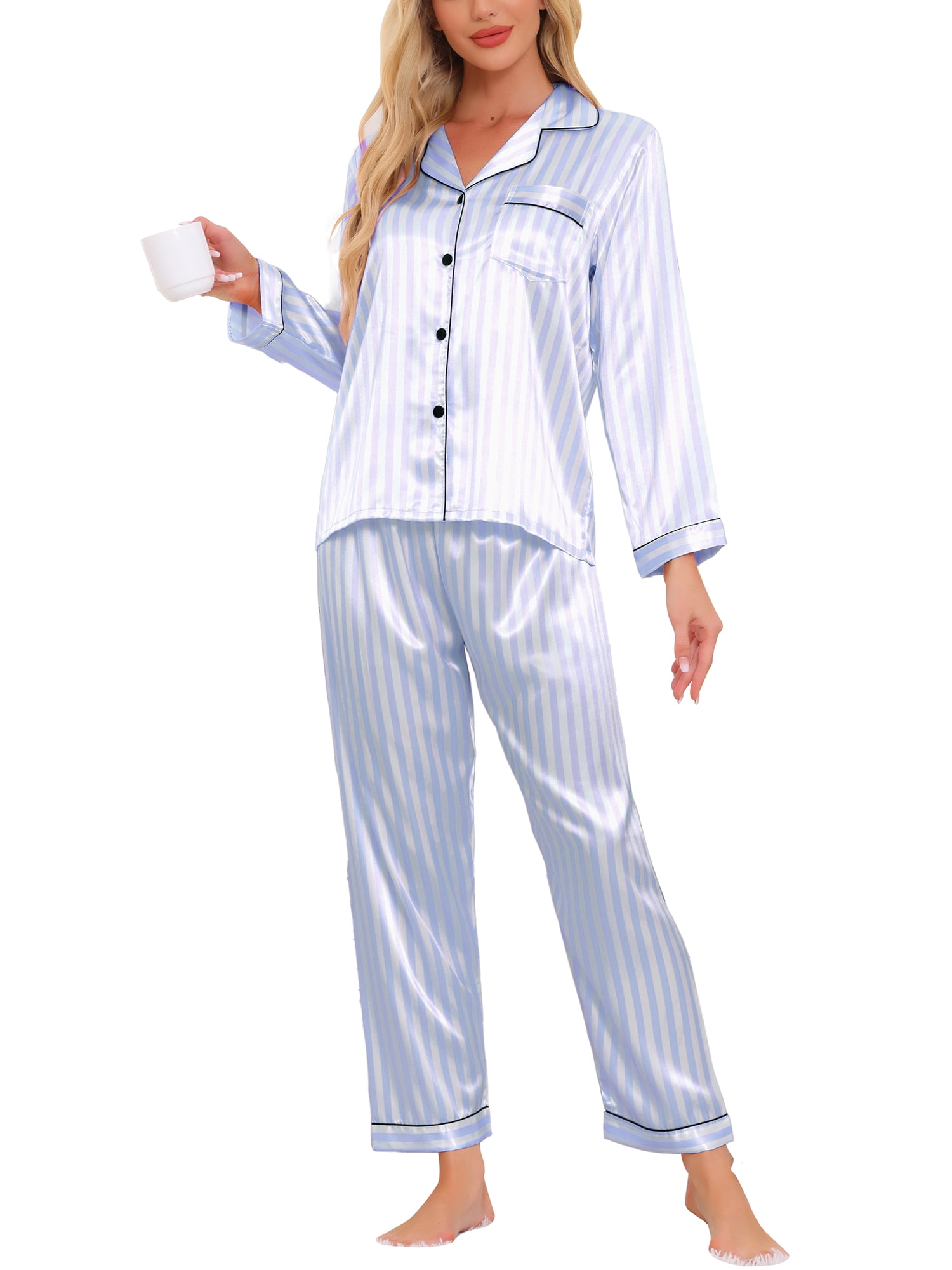 DARING DIVA Women's Satin Floral Button Down Pajama Sets M Blue Stripe