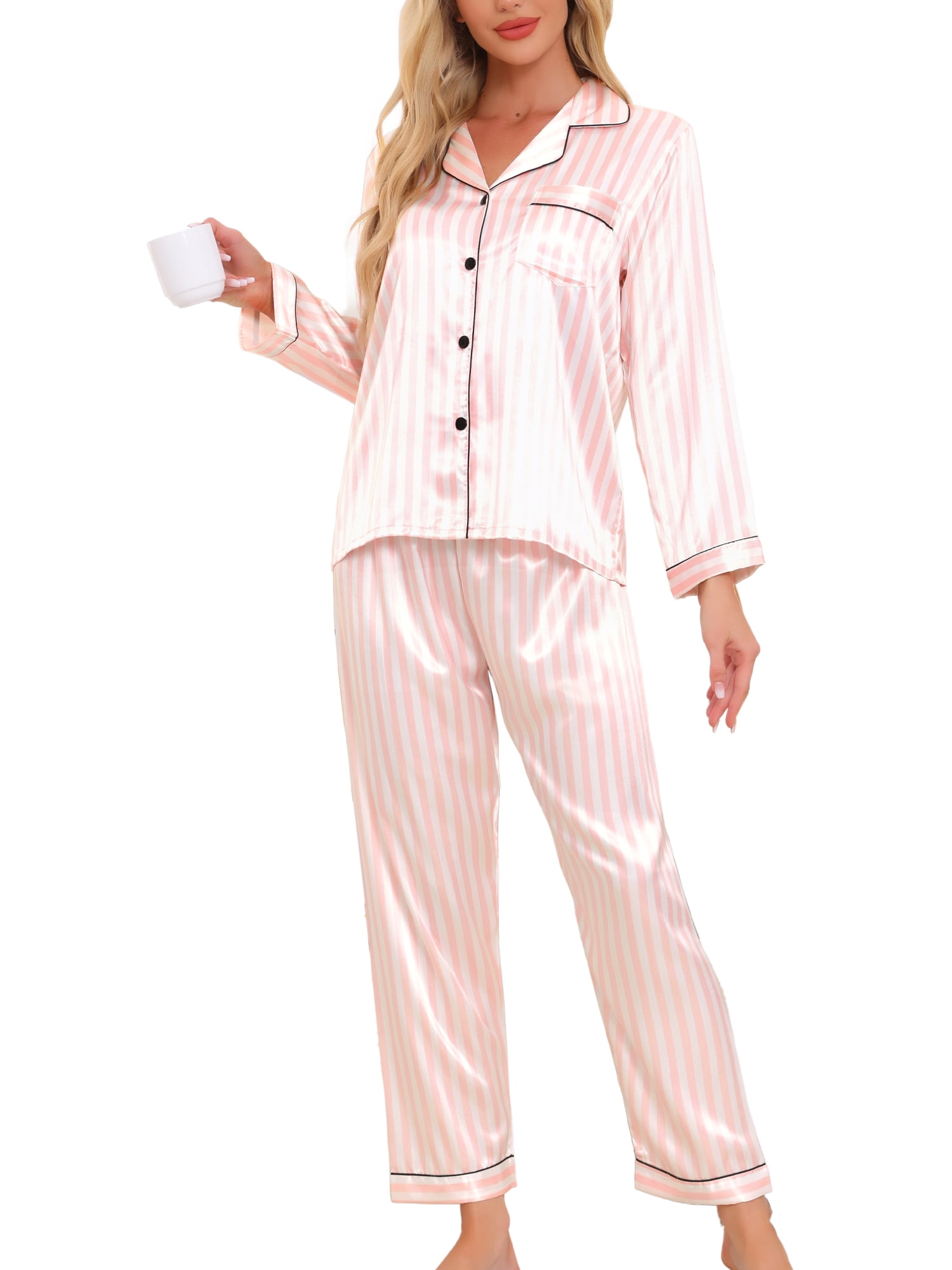 DARING DIVA Women's Satin Floral Button Down Pajama Sets S Pink Stripe