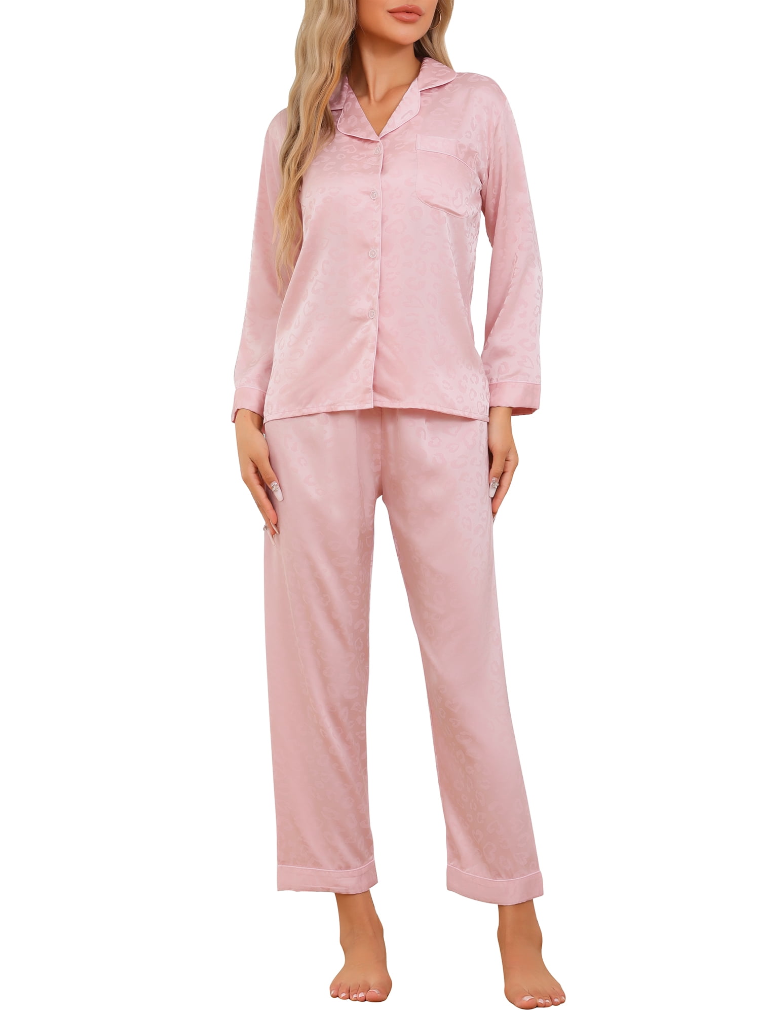 DARING DIVA Women's Satin Floral Long Sleeve Leopard Sleepwear Sets L Pink