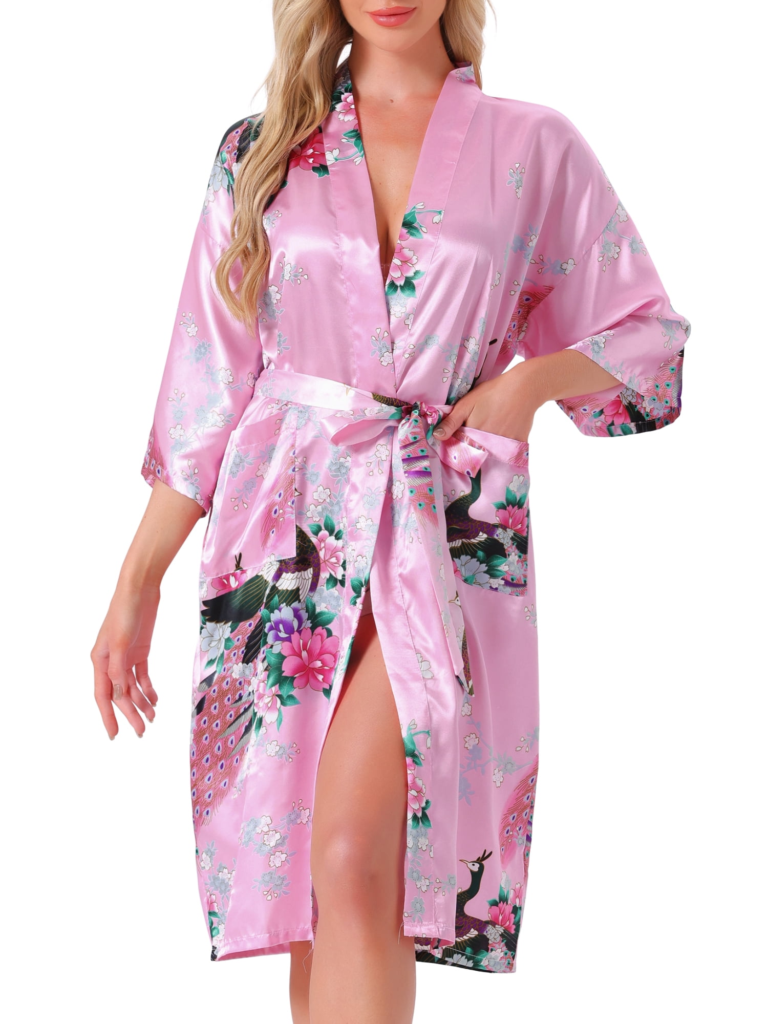 DARING DIVA Women's Satin Floral V-Neck 3/4 Sleeve Peacock Print Nightgown S Pink
