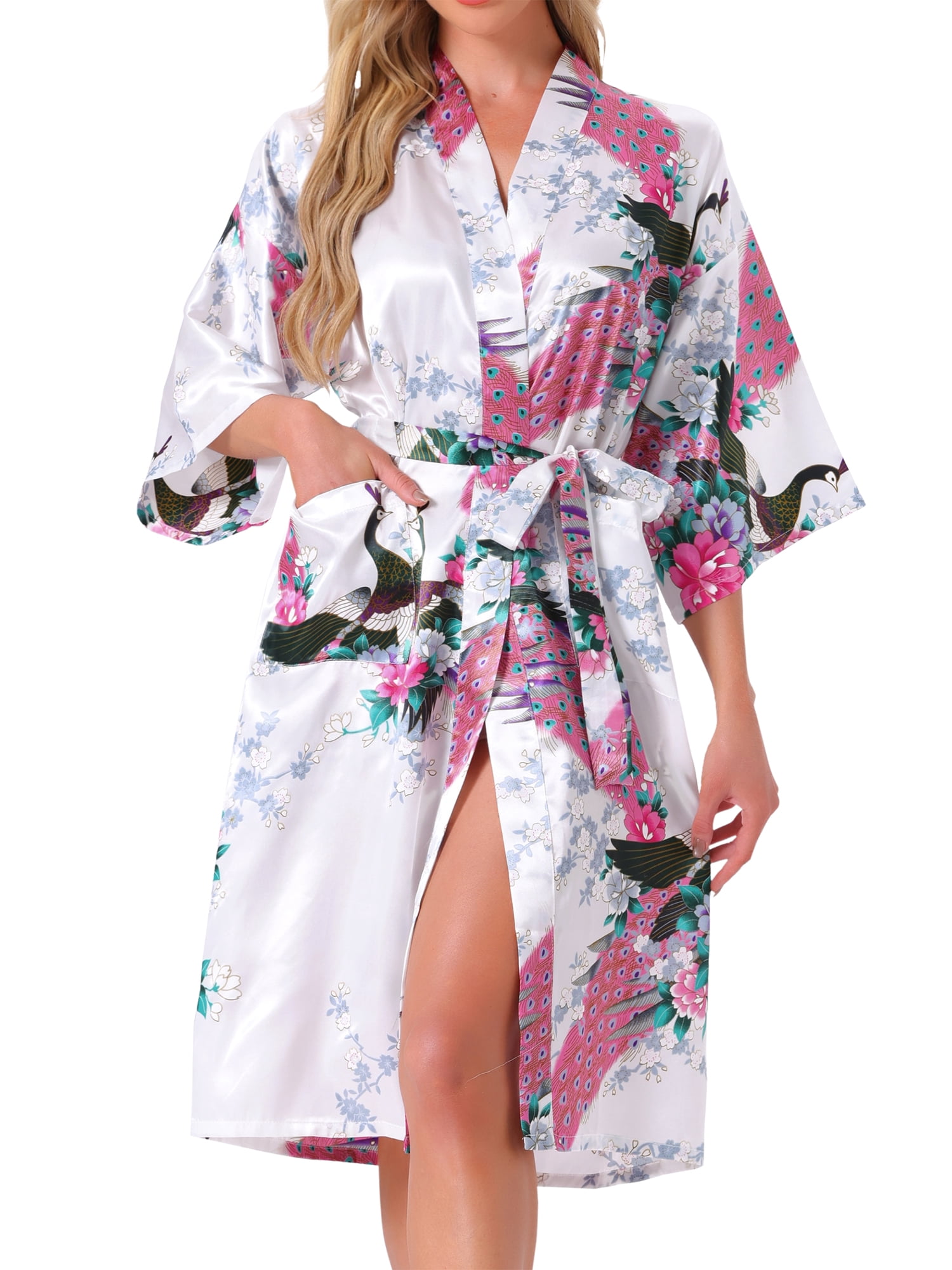 DARING DIVA Women's Satin Floral V-Neck 3/4 Sleeve Peacock Print Nightgown S White