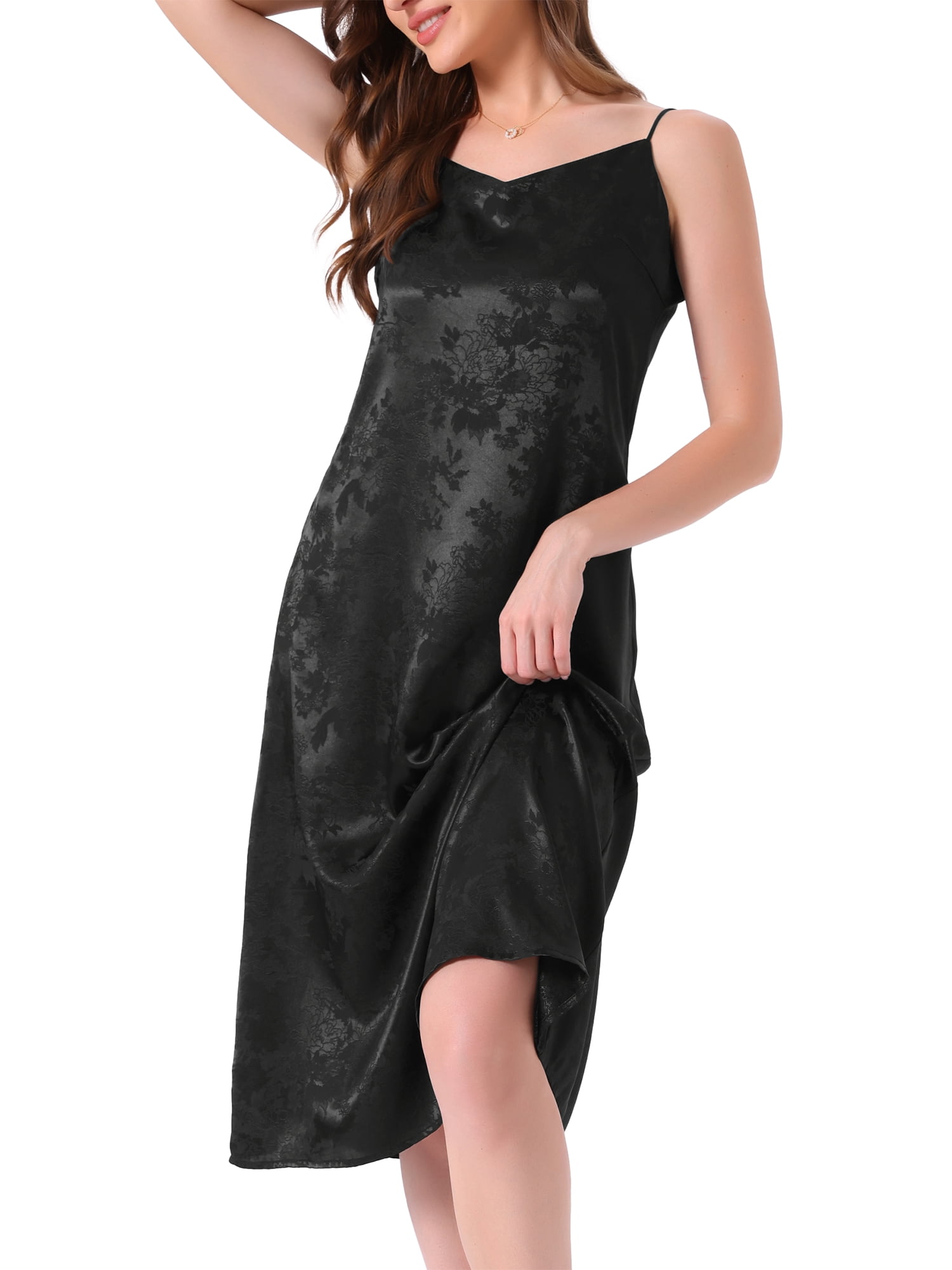 DARING DIVA Women's Satin Floral V Neck Spaghetti Strap Slip Nightgowns XS Black