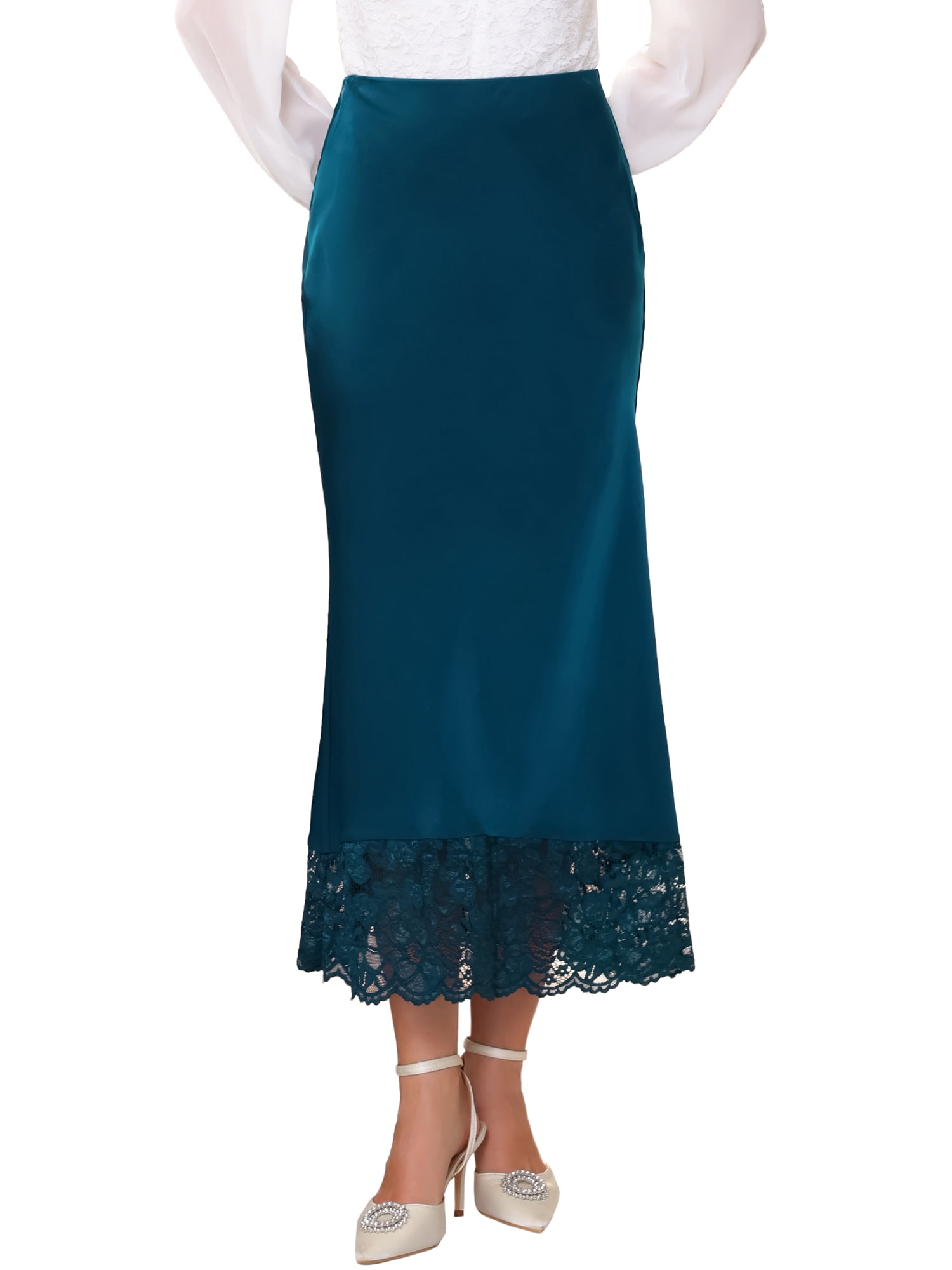 DARING DIVA Women's Satin Formal Lace Trim High Waist Maxi Skirts M Blue