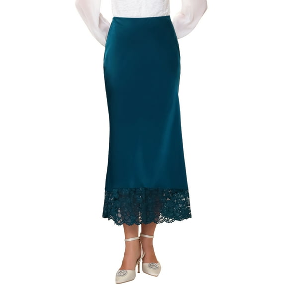 DARING DIVA Women's Satin Formal Lace Trim High Waist Maxi Skirts XL Blue