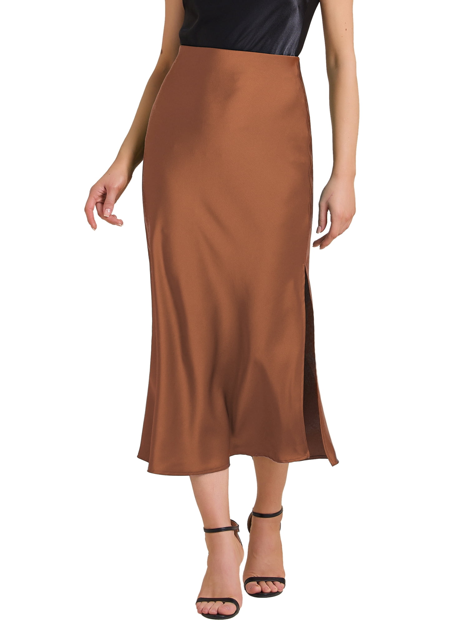 DARING DIVA Women's Satin High Waist Elastic Waist Split A Line Midi Skirts L Brown