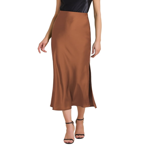 DARING DIVA Women's Satin High Waist Elastic Waist Split A Line Midi Skirts L Brown