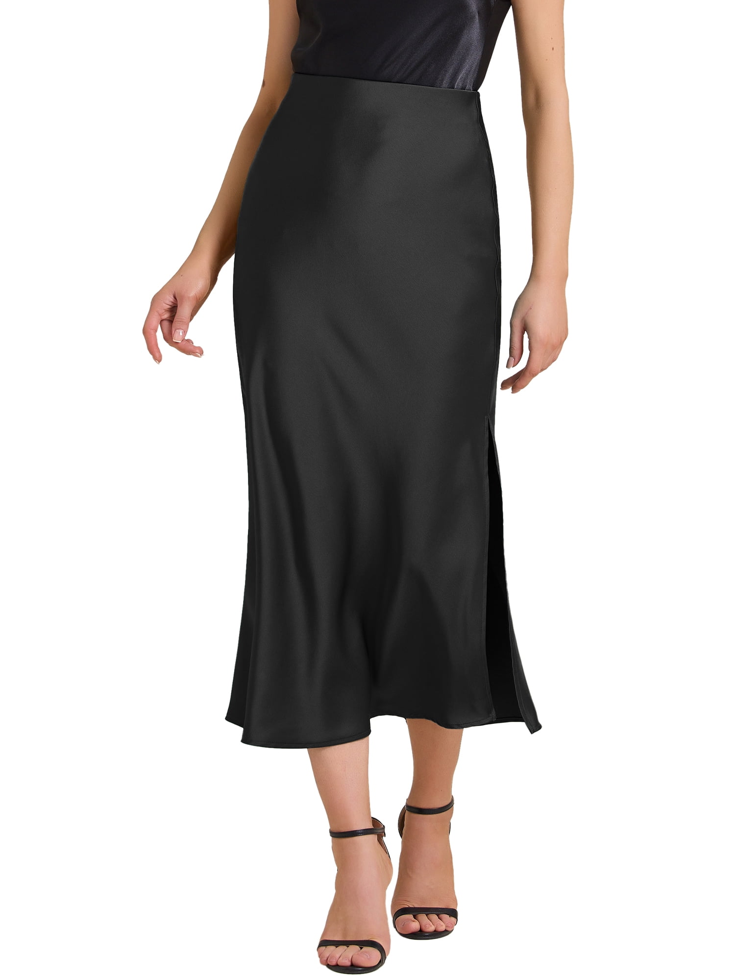 DARING DIVA Women's Satin High Waist Elastic Waist Split A Line Midi Skirts M Black