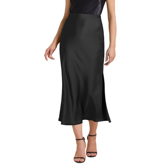 DARING DIVA Women's Satin High Waist Elastic Waist Split A Line Midi Skirts M Black