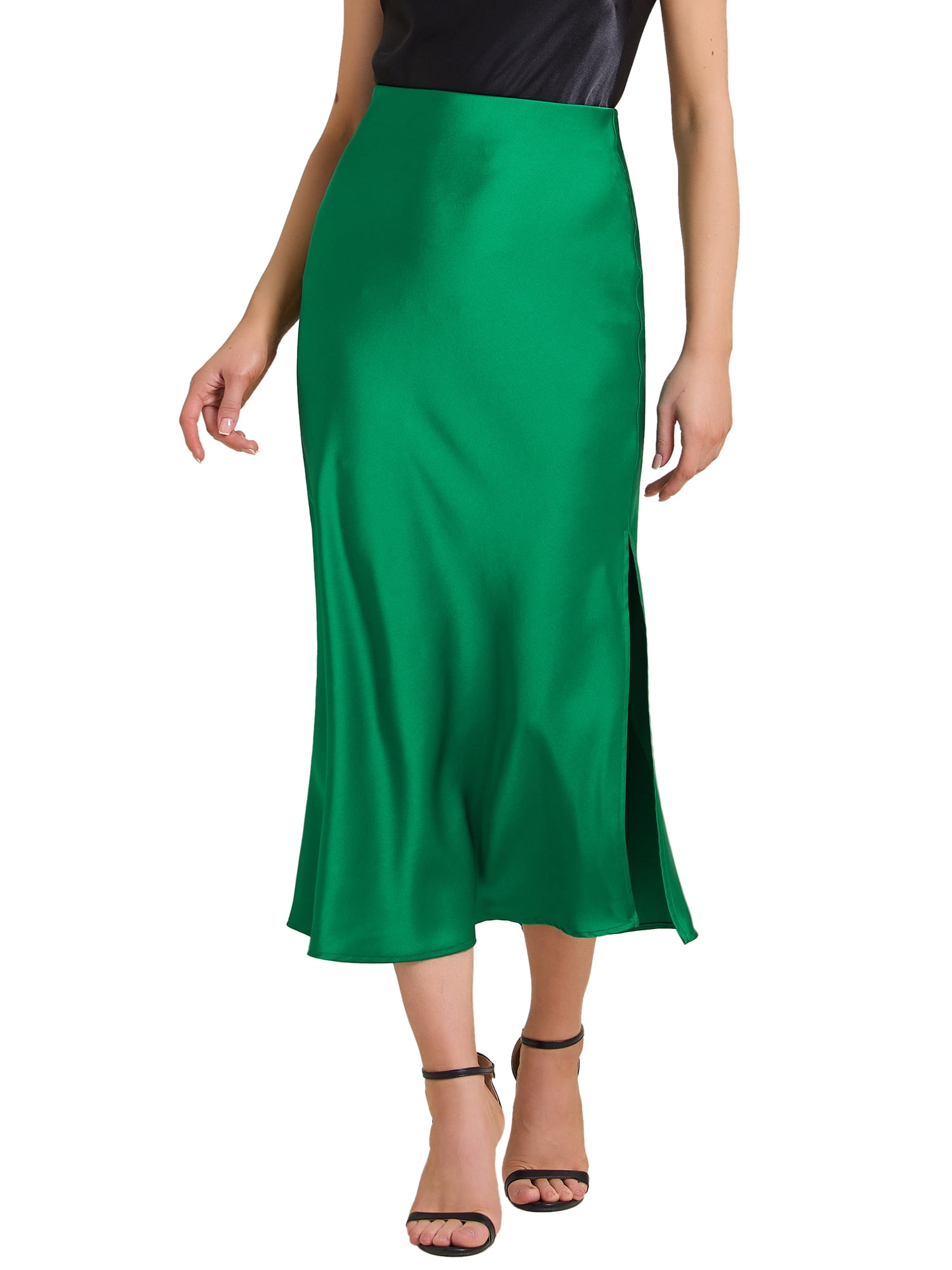 DARING DIVA Women's Satin High Waist Elastic Waist Split A Line Midi Skirts M Green