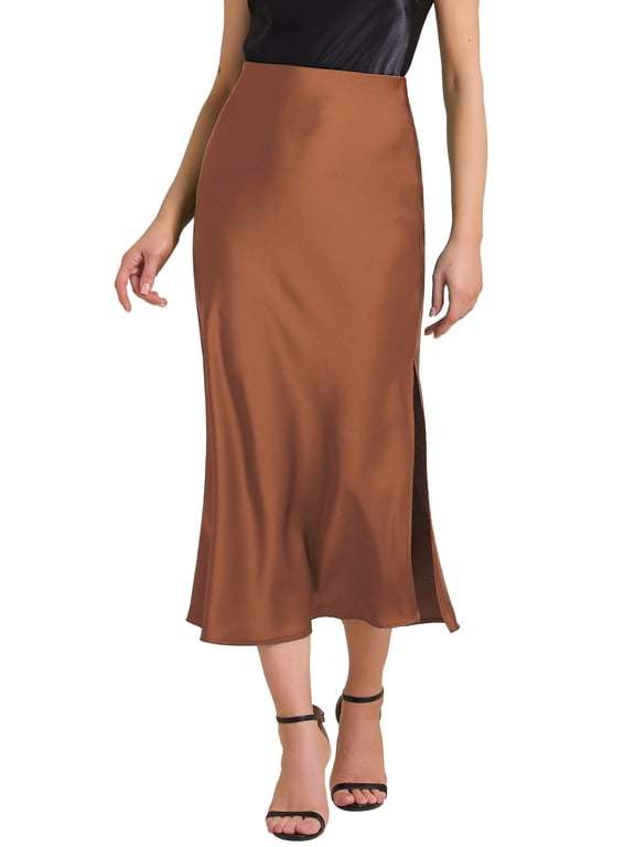 Women's Satin High Waist Elastic Waist Split A Line Midi Skirts S Brown