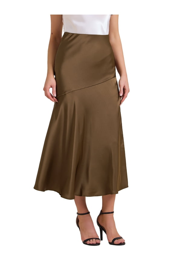 Women's Satin High Waist Flowy Elegant Mermaid Maxi Skirts L Brown