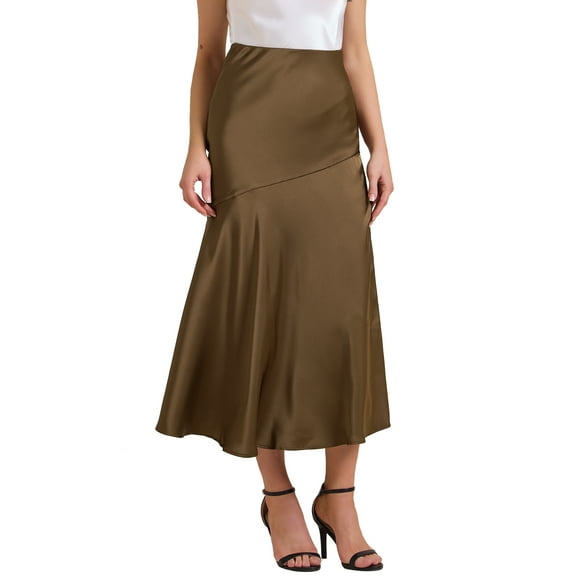 DARING DIVA Women's Satin High Waist Flowy Elegant Mermaid Maxi Skirts M Brown