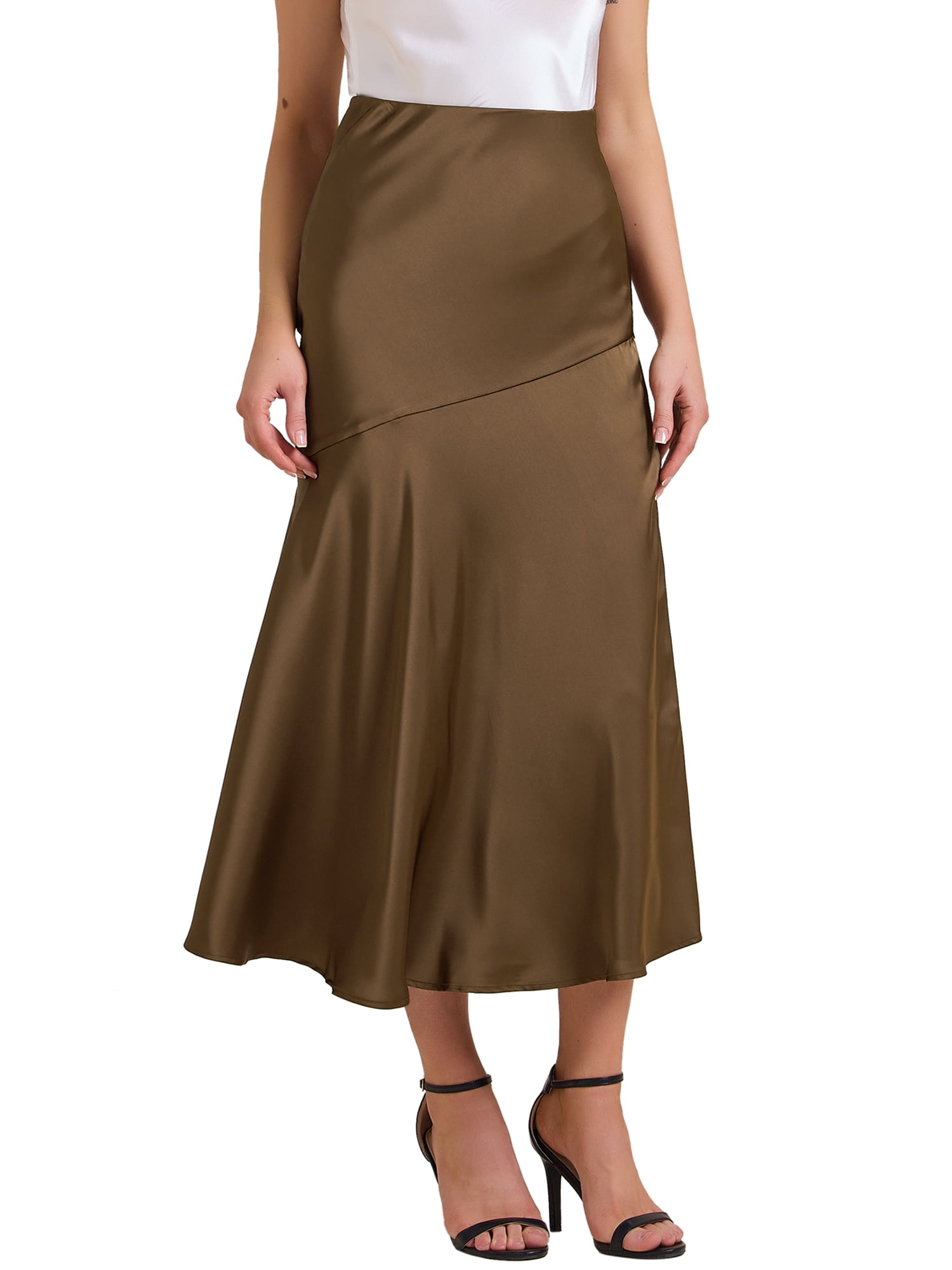 DARING DIVA Women's Satin High Waist Flowy Elegant Mermaid Maxi Skirts S Brown