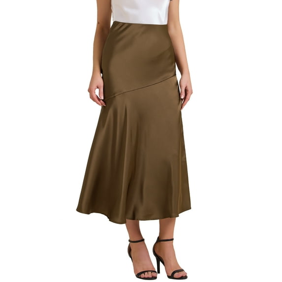 DARING DIVA Women's Satin High Waist Flowy Elegant Mermaid Maxi Skirts S Brown