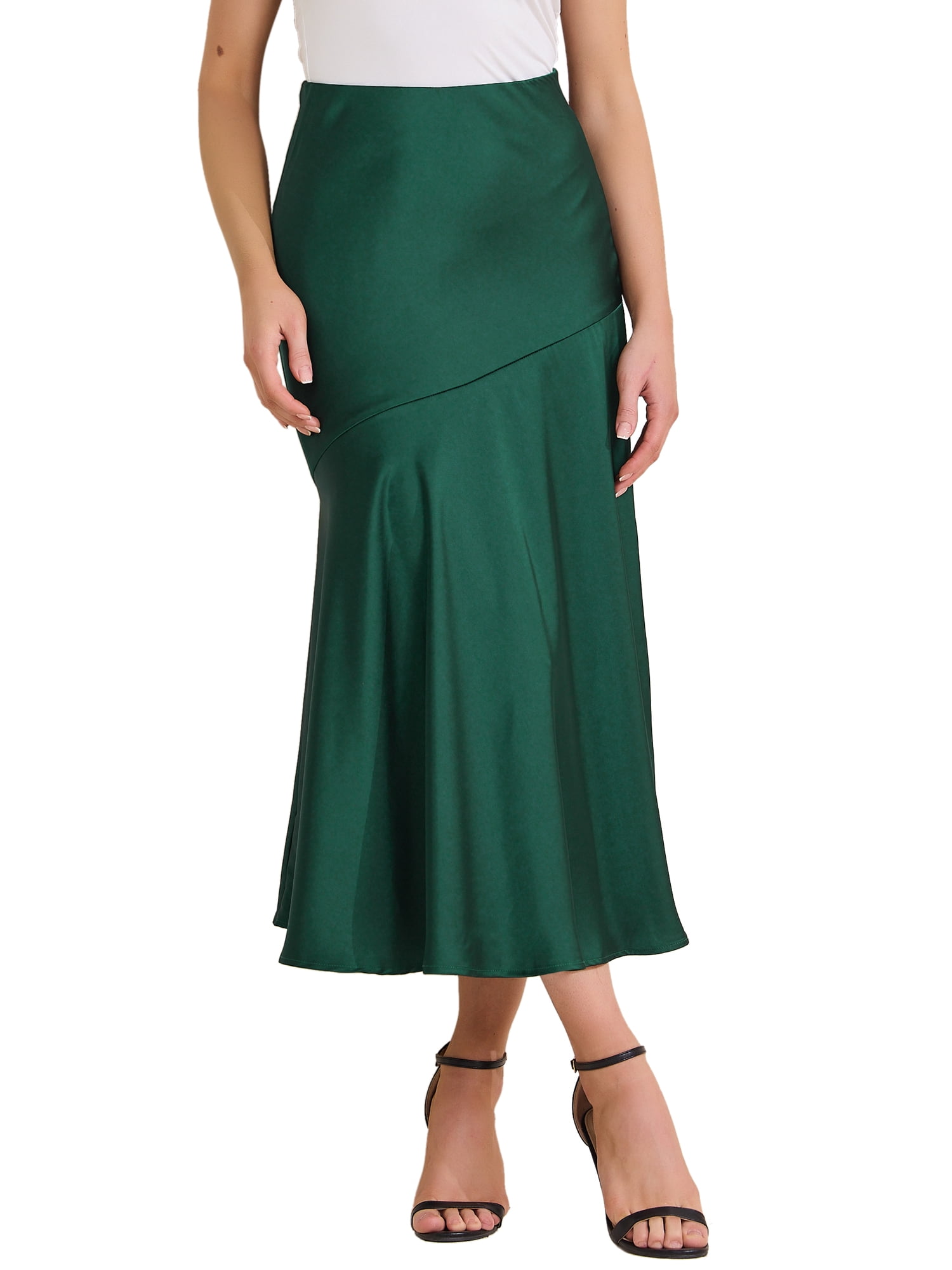 DARING DIVA Women's Satin High Waist Flowy Elegant Mermaid Maxi Skirts XS Green