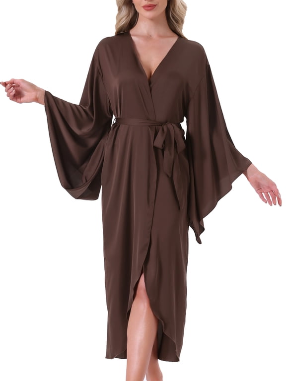 Women's Satin Kimono Robe Wrap Front Bridesmaid Bride Lightweight M Brown